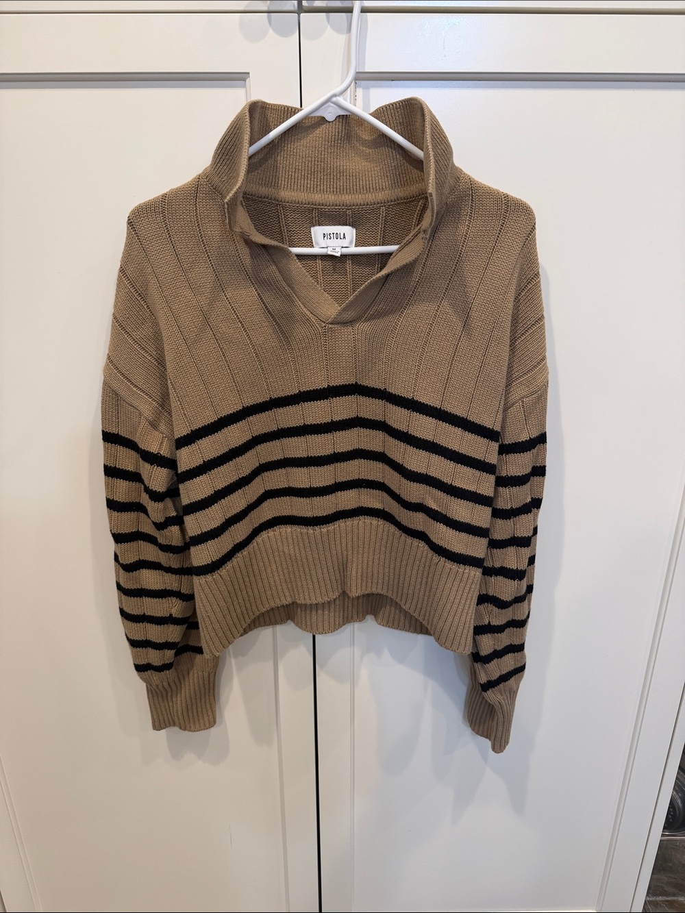 Pistola Tan and Black Striped V‑Neck Pullover